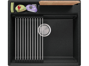 Küchenspüle aus Granit ohne Abtropffläche mit Platz für Accessories und ein Brett Oslo 60 Pocket Multilevel + Gratisgeschenk