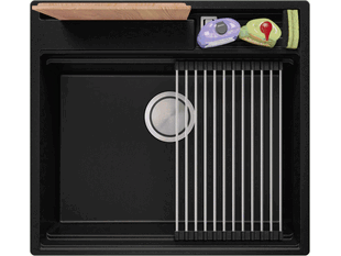 Küchenspüle aus Granit ohne Abtropffläche mit Platz für Accessories und ein Brett Oslo 60 Pocket Multilevel + Gratisgeschenk