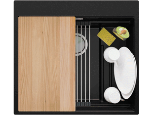 Küchenspüle aus Granit ohne Abtropffläche mit Platz für Accessories und ein Brett Oslo 45 Pocket + Gratisgeschenk